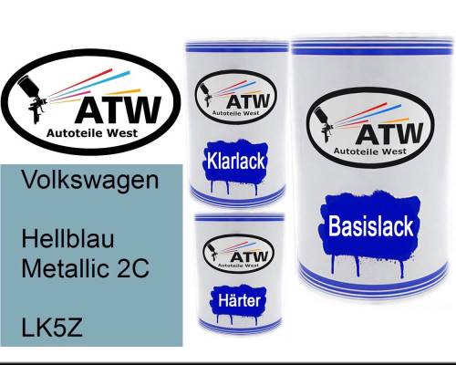 Volkswagen, Hellblau Metallic 2C, LK5Z: 500ml Lackdose + 500ml Klarlack + 250ml Härter - Set, von ATW Autoteile West.